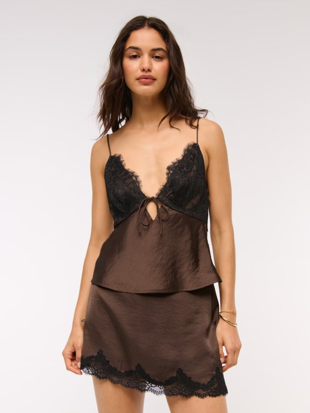 NWT Abercrombie & Fitch Brown Satin Lace Trim Cami Skort Set Bundle Size Medium